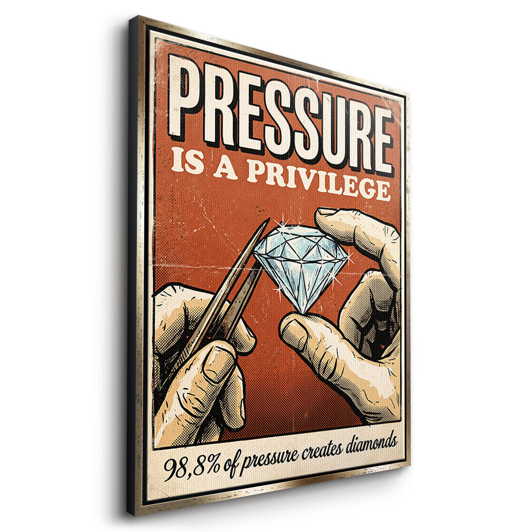 Seitenansicht des Leinwandbilds Pressure Is A Privilege im goldenen Rahmen