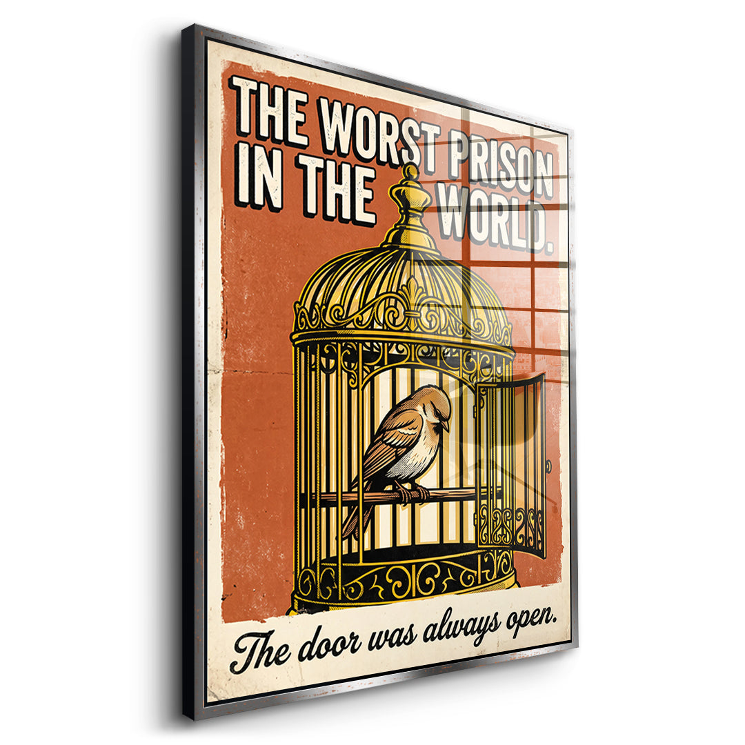 Seitenansicht des Acrylglasbilds The Worst Prison In The World im silbernen Rahmen