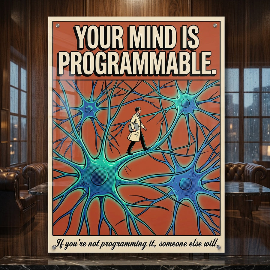 Acrylglasbild Your Mind Is Programmable an der Wand eines modernen Wohnraums