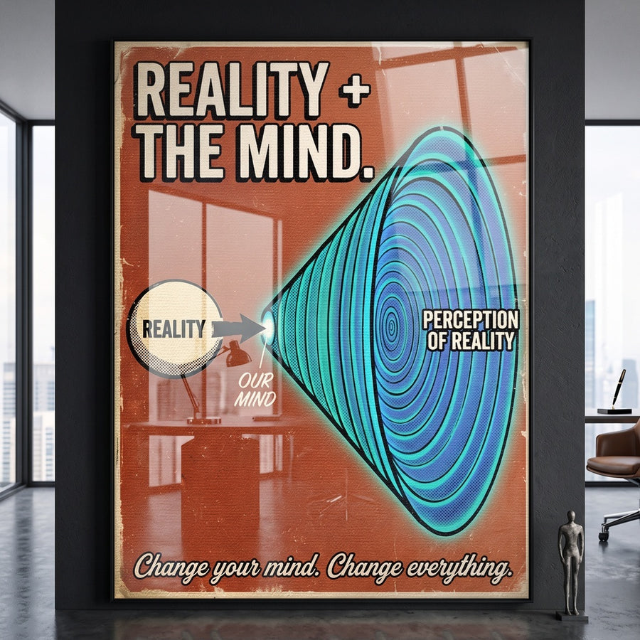 Acrylglasbild Reality + The Mind an der Wand eines modernen Wohnraums