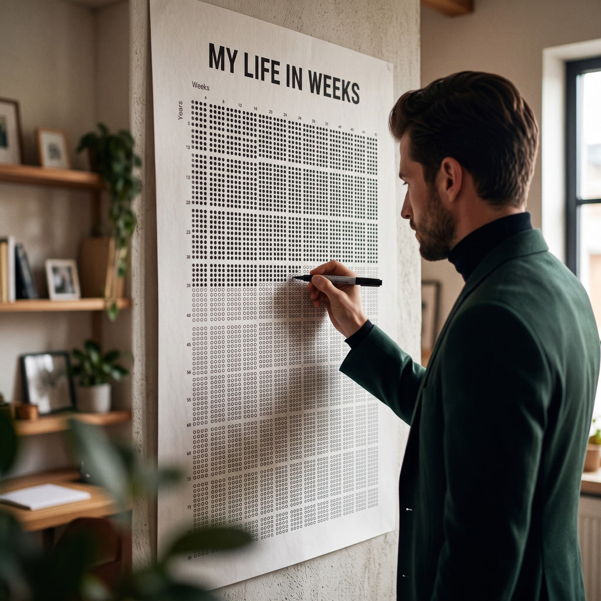 Poster My Life In Weeks (Englisch) an der Wand eines modernen Wohnraums