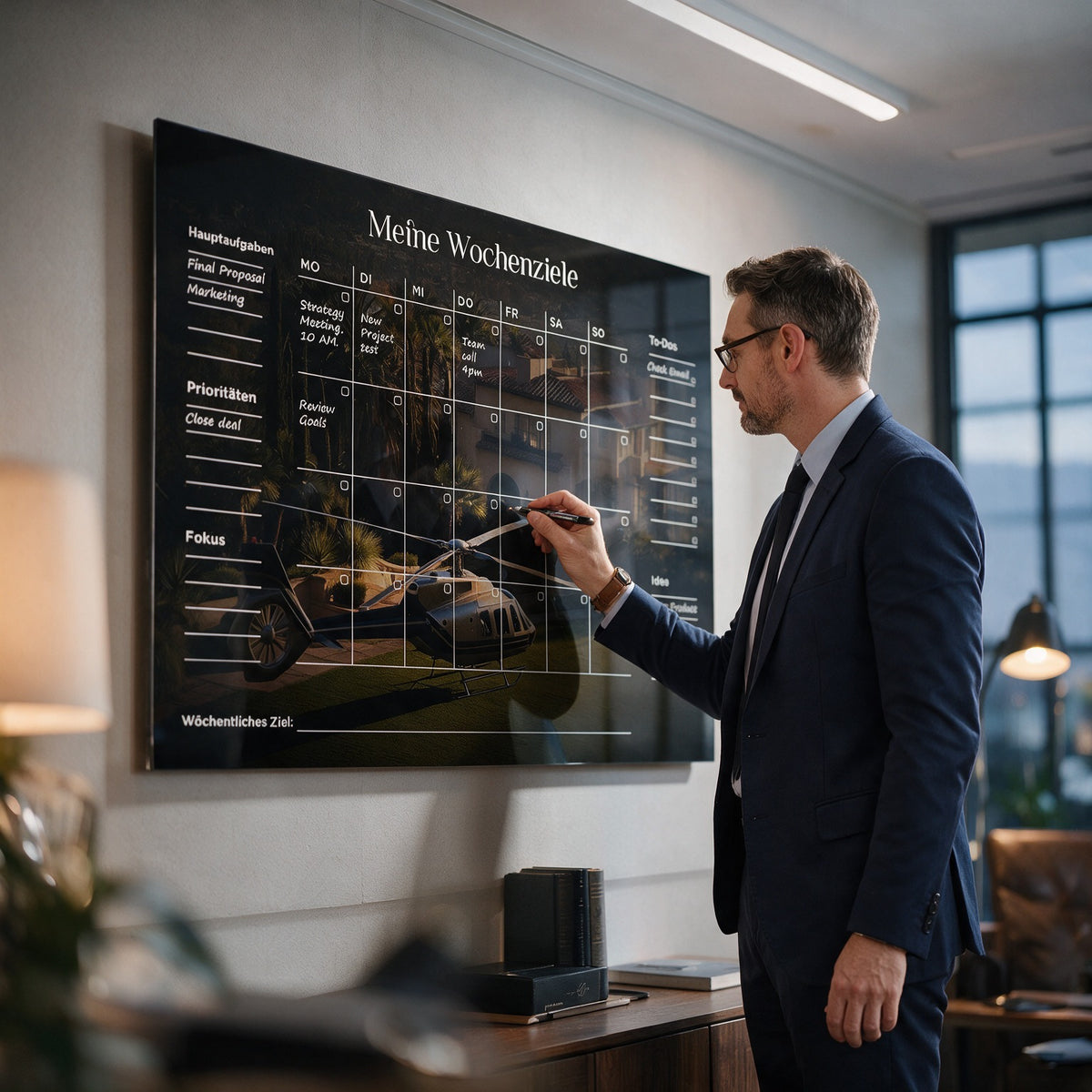 Acrylglasbild Success Planner 2.0 (Deutsch) an der Wand eines modernen Wohnraums