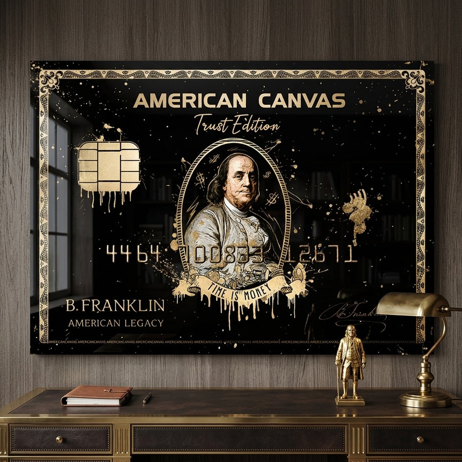 Acrylglasbild Royal American Canvas Benjamin Franklin an der Wand eines modernen Wohnraums