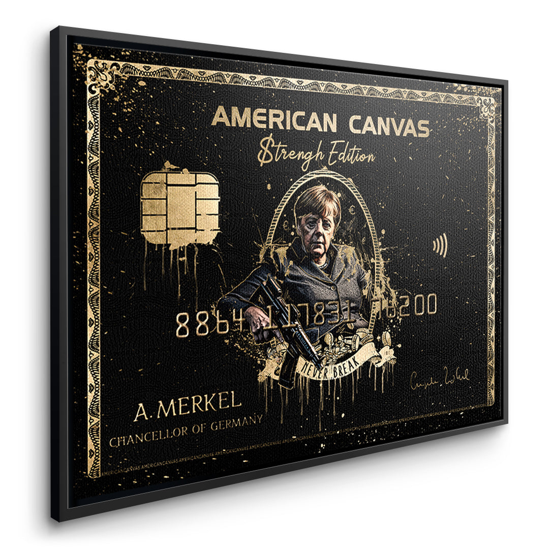 Seitenansicht des Leinwandbilds Royal American Canvas Angela Merkel im schwarzen Rahmen