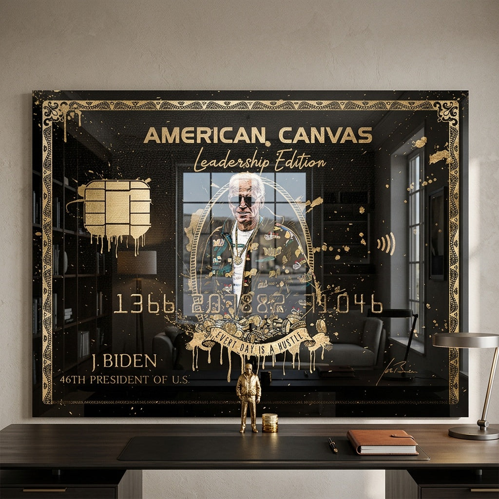 Acrylglasbild Royal American Canvas Joe Biden an der Wand eines modernen Wohnraums