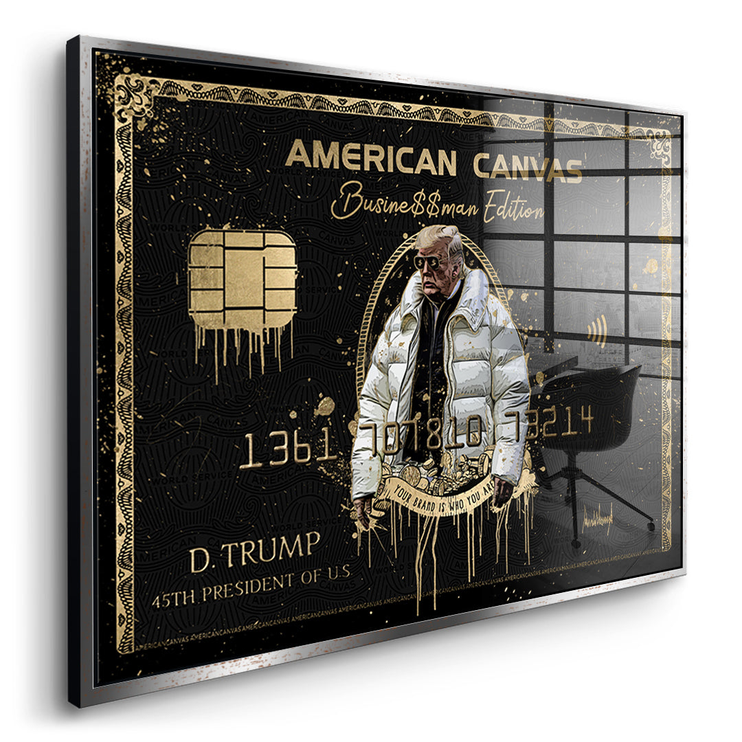 Seitenansicht des Acrylglasbilds Royal American Canvas Trump im silbernen Rahmen