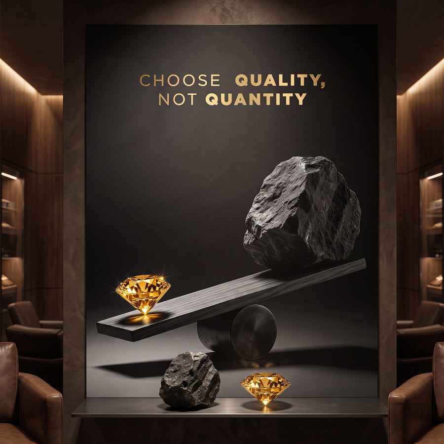 Poster Choose Quality, Not Quantity an der Wand eines modernen Wohnraums