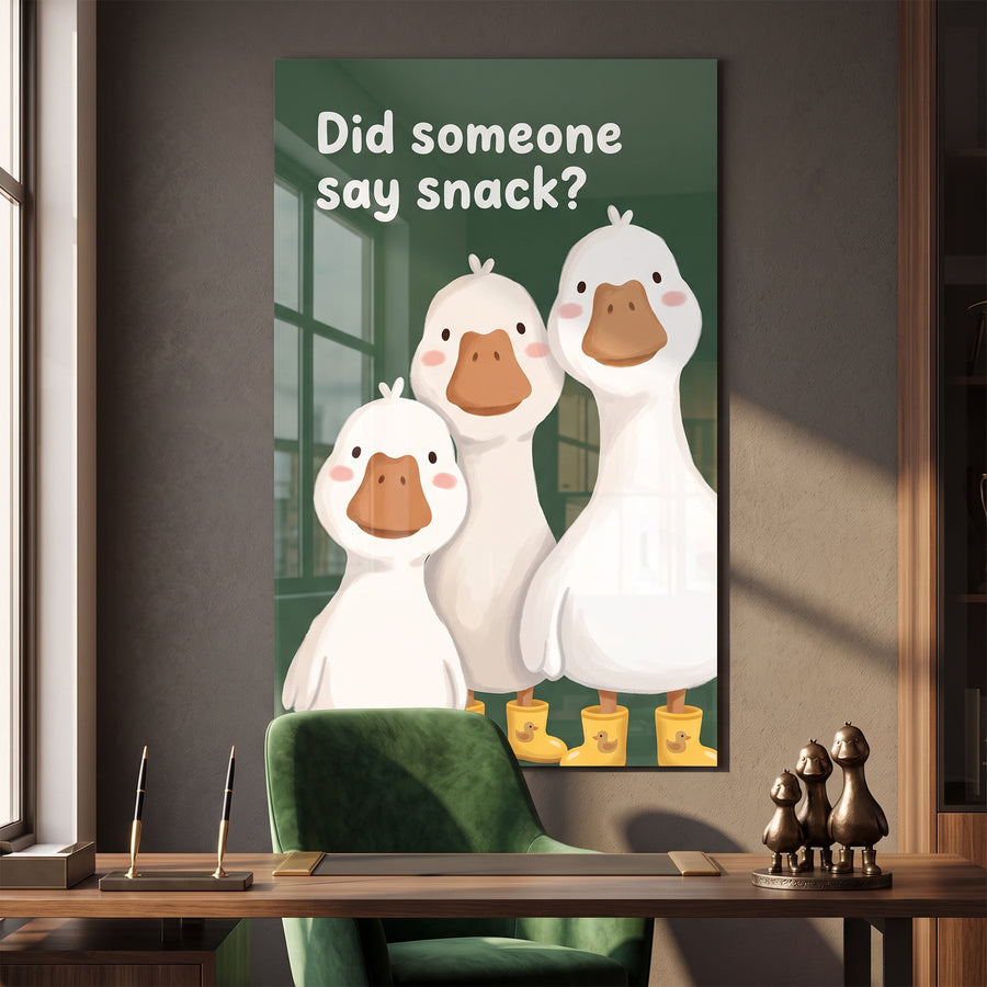 Acrylglasbild Did someone say snack? an der Wand eines modernen Wohnraums