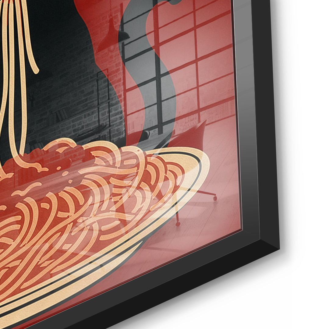 Detailaufnahme des 5mm Acrylglases, More Spaghetti Less Upsetti im schwarzen Rahmen