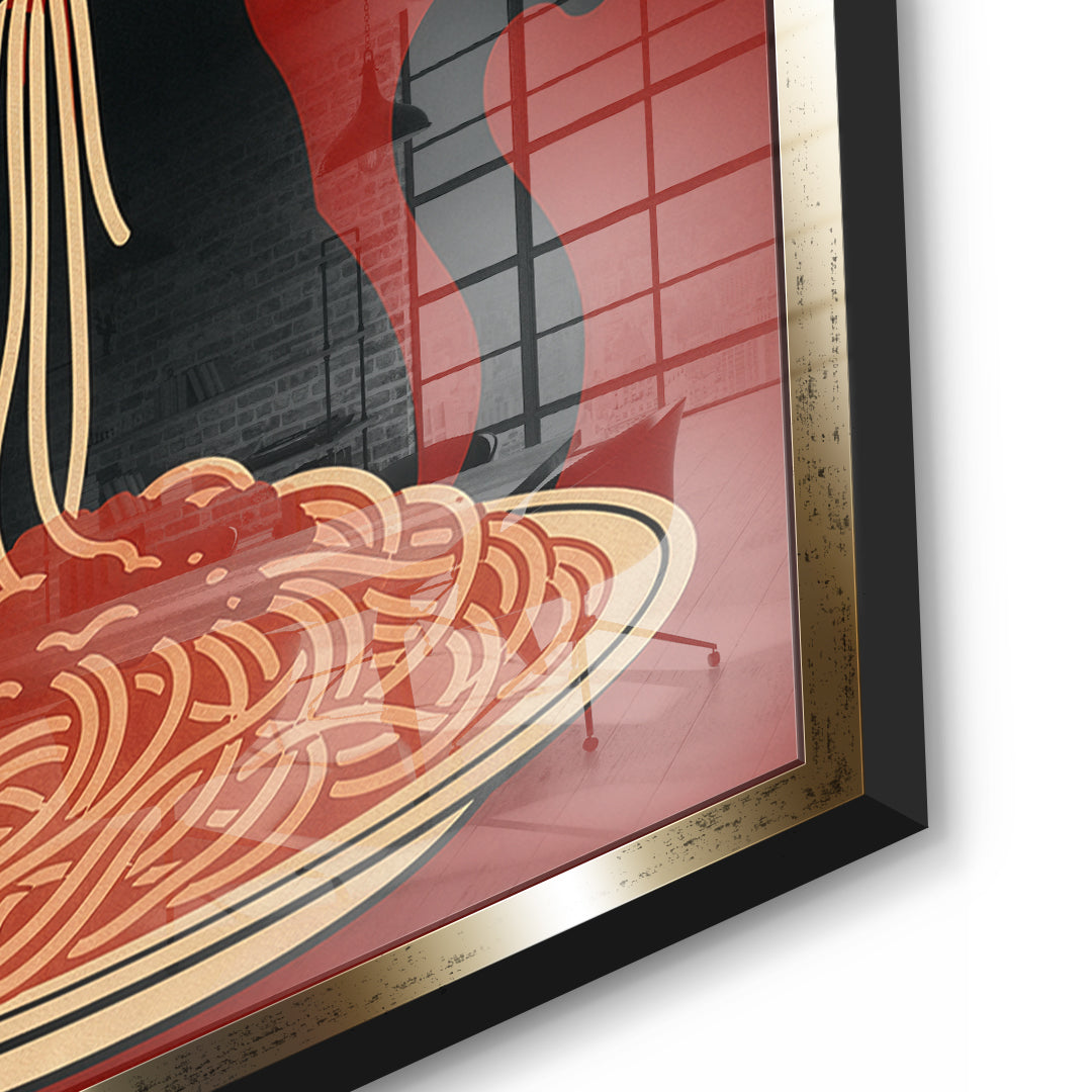 Detailaufnahme des 5mm Acrylglases, More Spaghetti Less Upsetti im goldenen Rahmen