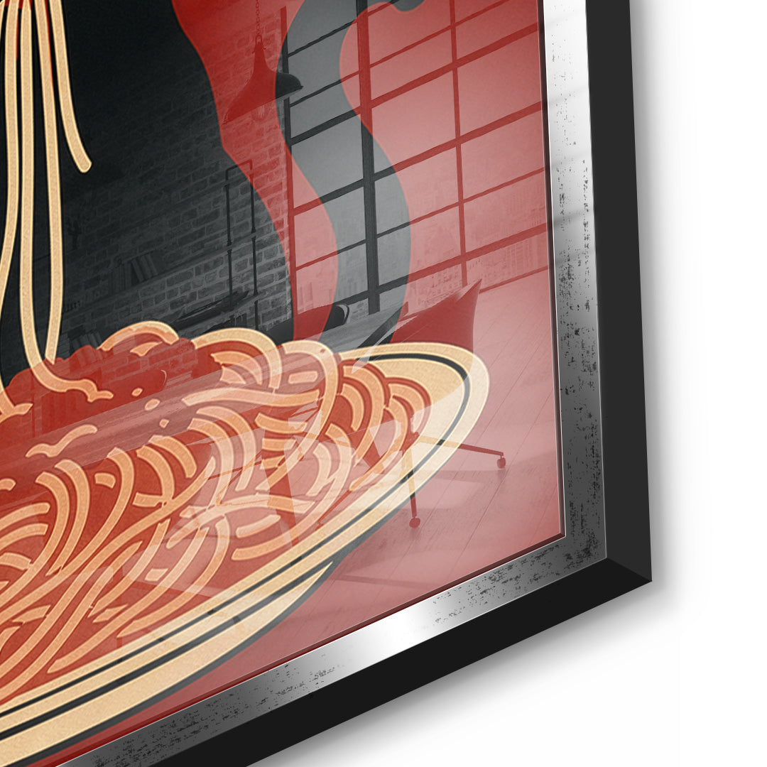 Detailaufnahme des 5mm Acrylglases, More Spaghetti Less Upsetti im silbernen Rahmen