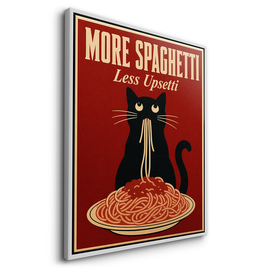 Seitenansicht des Leinwandbilds More Spaghetti Less Upsetti im weißen Rahmen