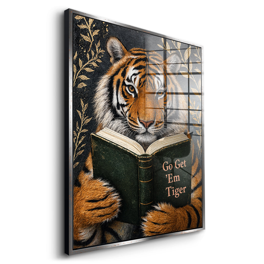 Seitenansicht des Acrylglasbilds Go Get 'Em Tiger im silbernen Rahmen