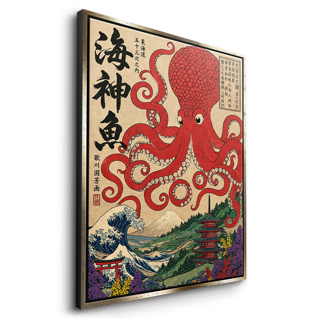 Seitenansicht des Leinwandbilds Sea God Octopus im goldenen Rahmen