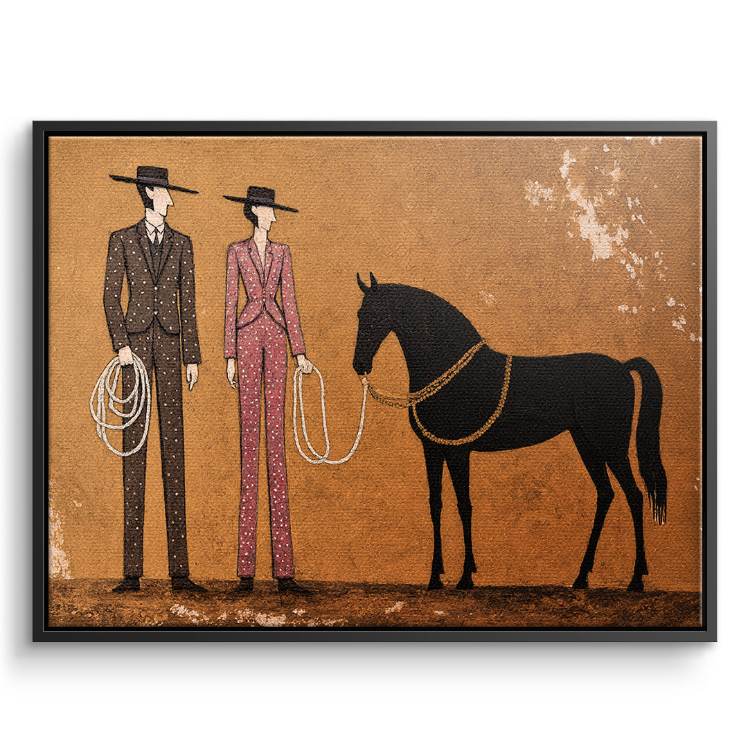 DOTCOMCANVAS Leinwandbild Cowboy & Horse im schwarzen Premium-Rahmen
