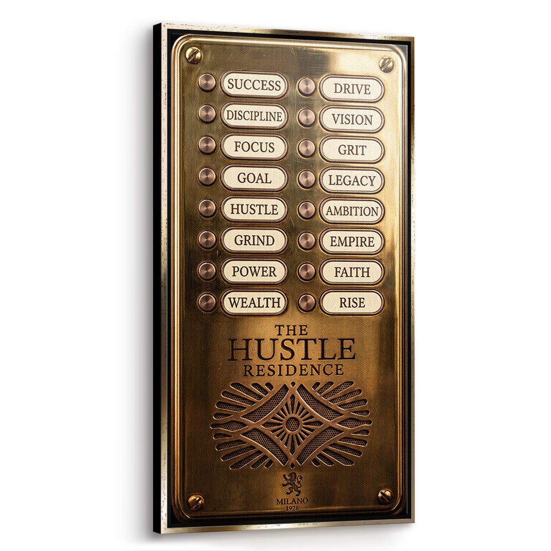 Seitenansicht des Leinwandbilds Hustle Residence im goldenen Rahmen