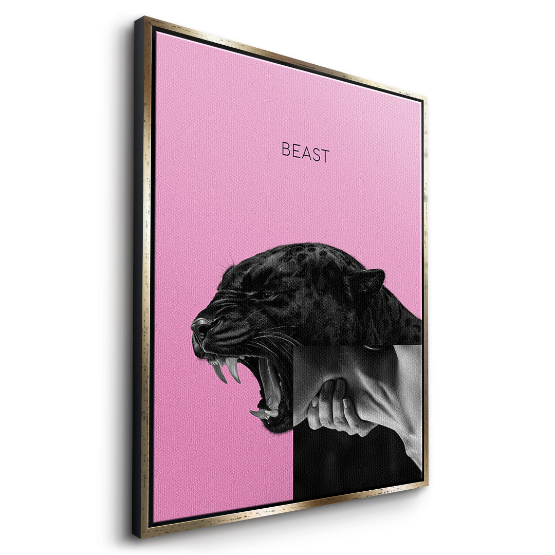 Seitenansicht des Leinwandbilds Beast Pink im goldenen Rahmen