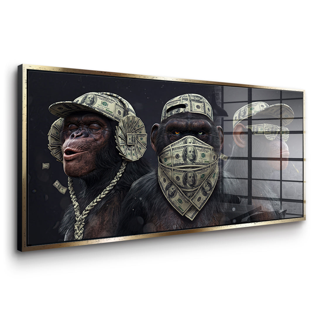 Seitenansicht des Acrylglasbilds Three Wise Monkeys