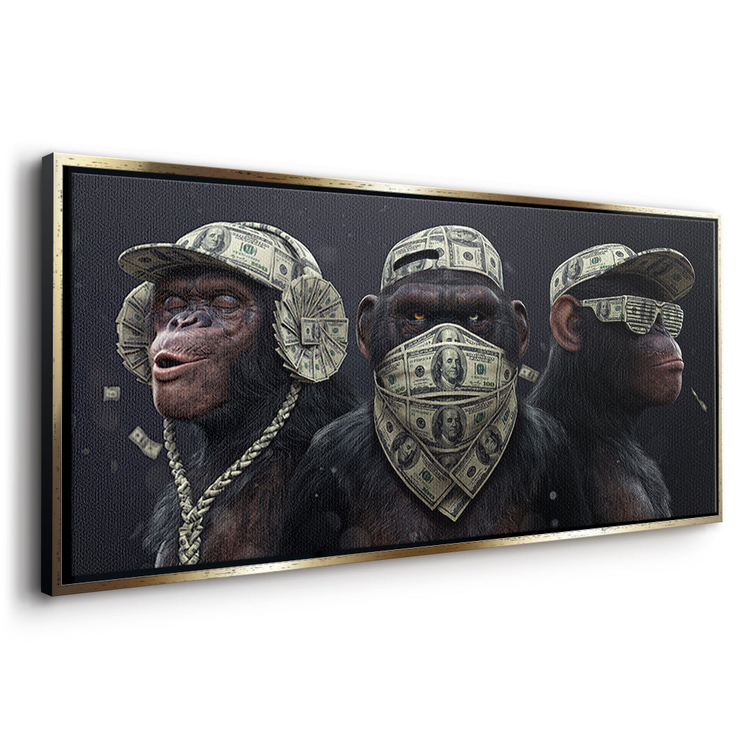 Seitenansicht des Leinwandbilds Three Wise Monkeys im goldenen Rahmen