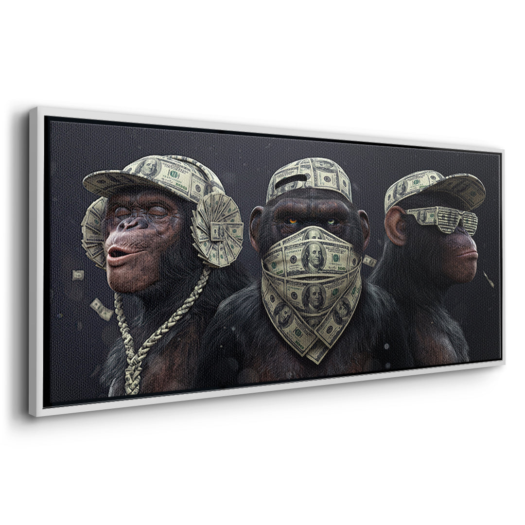 Seitenansicht des Leinwandbilds Three Wise Monkeys im weißen Rahmen