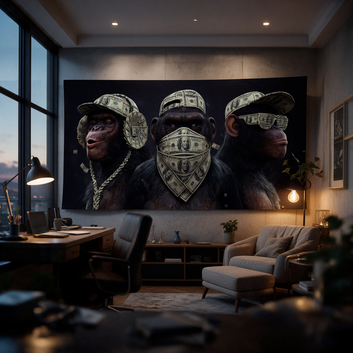 Poster Three Wise Monkeys an der Wand eines modernen Wohnraums