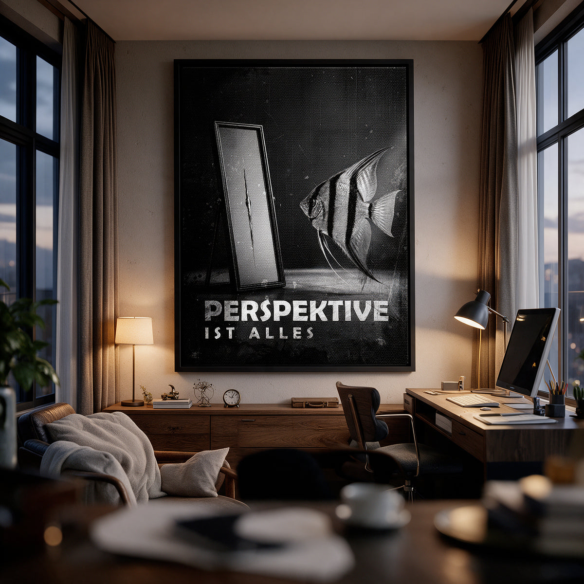 Leinwandbild Perspective Is Everything (Deutsch) an der Wand eines modernen Wohnraums