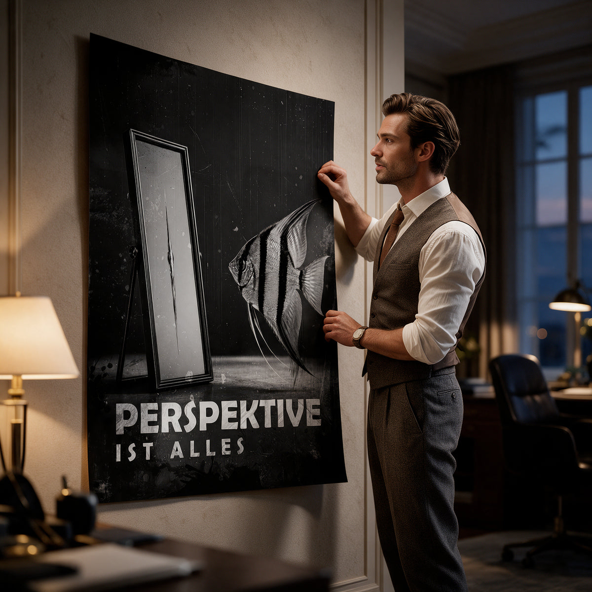 Poster Perspective Is Everything (Deutsch) an der Wand eines modernen Wohnraums, zweite Ansicht