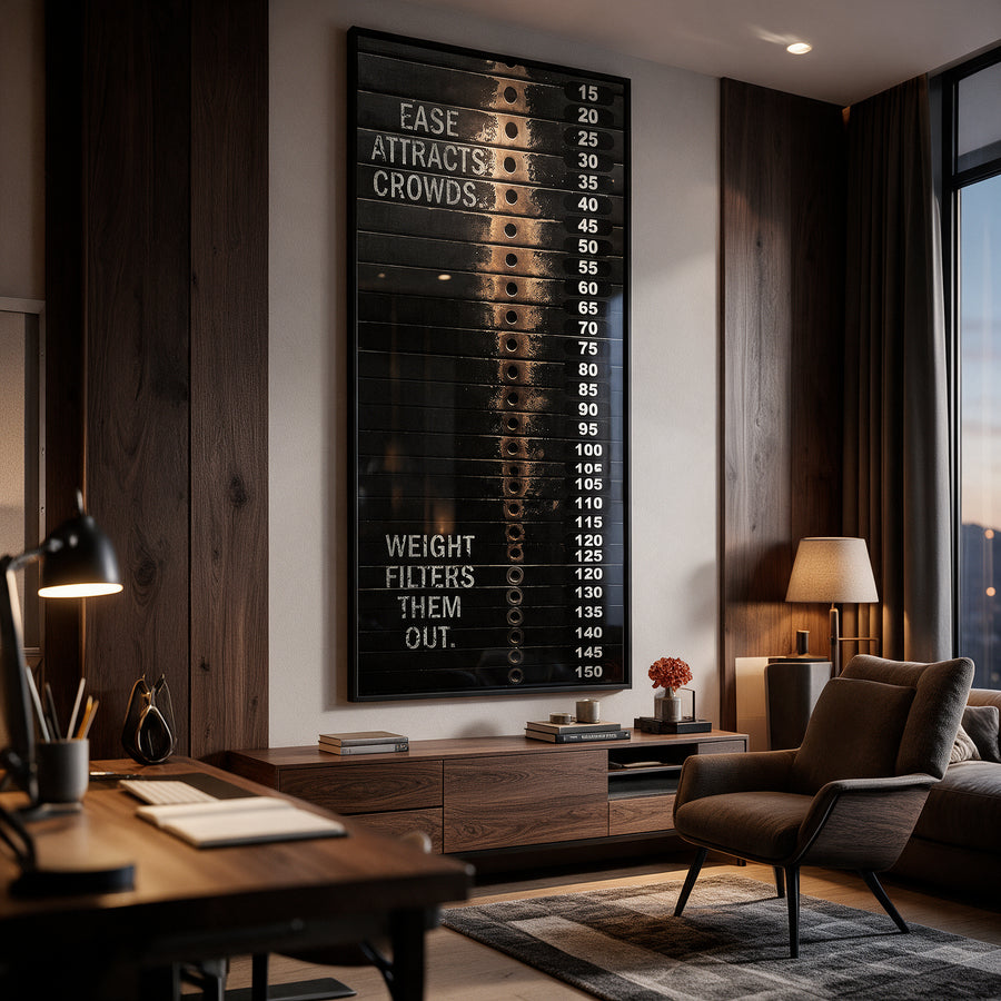 Acrylglasbild Weight Filter an der Wand eines modernen Wohnraums