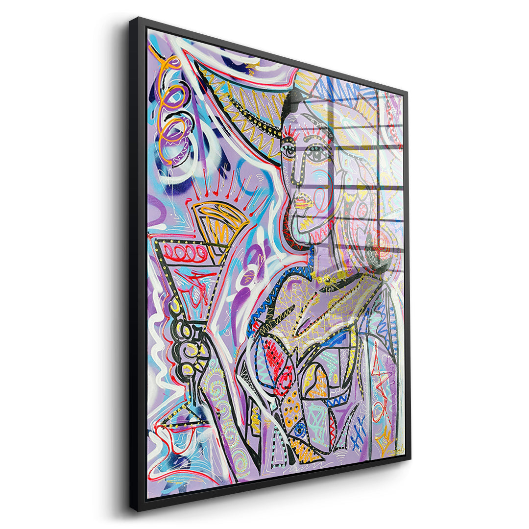 Seitenansicht des Acrylglasbilds Cubist Cocktail Hour im schwarzen Rahmen