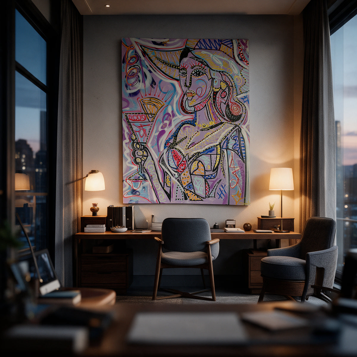 Poster Cubist Cocktail Hour an der Wand eines modernen Wohnraums, zweite Ansicht