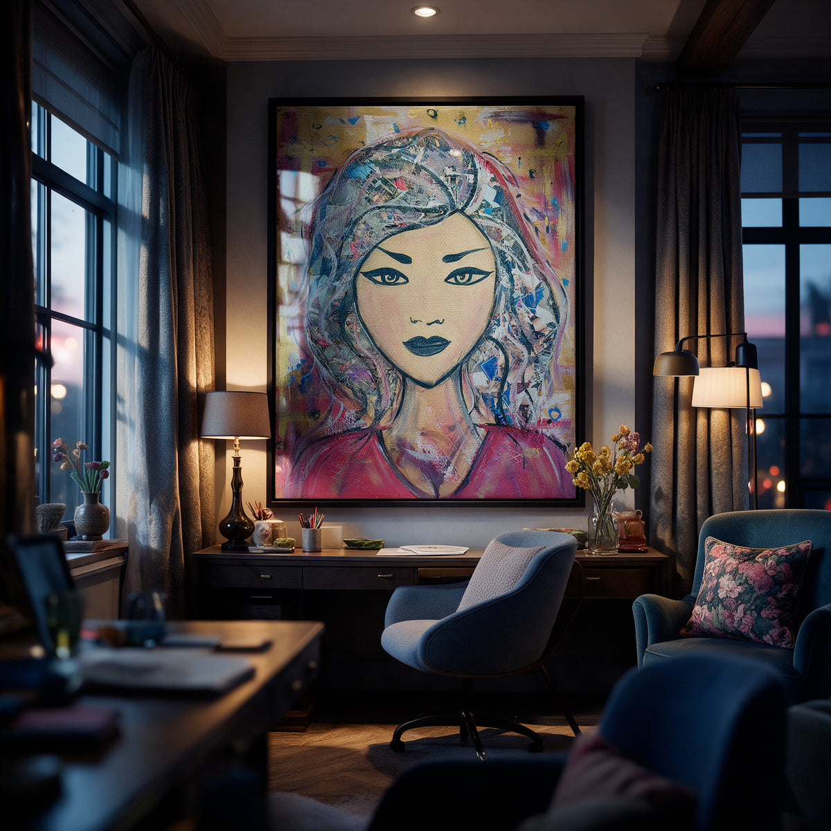 Acrylglasbild Headlines And Dreams an der Wand eines modernen Wohnraums, zweite Ansicht