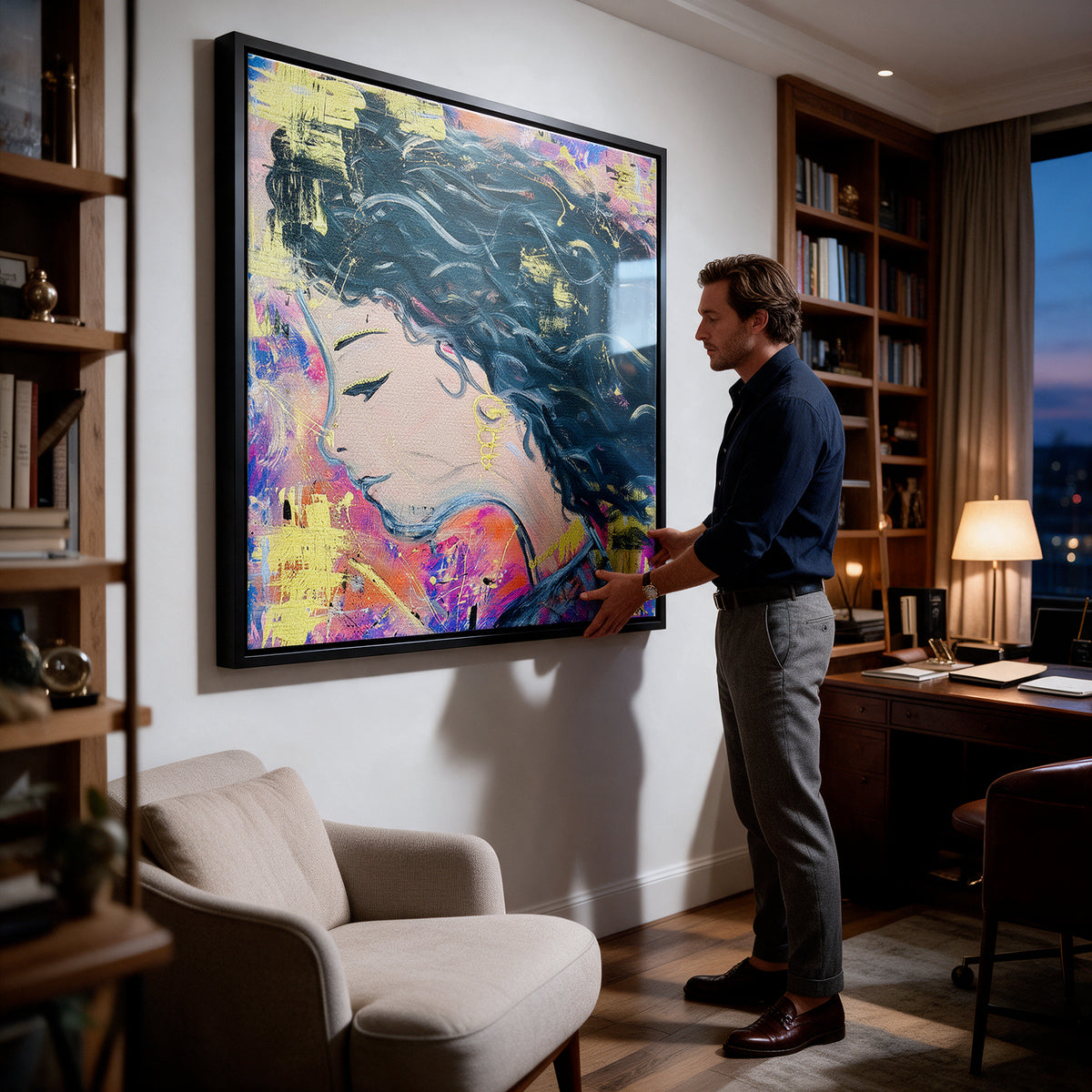 Acrylglasbild Midnight Waves an der Wand eines modernen Wohnraums, zweite Ansicht
