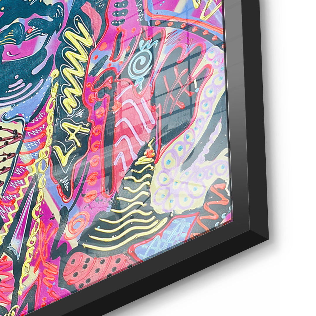 Detailaufnahme des 5mm Acrylglases, Neon Gentleman im schwarzen Rahmen