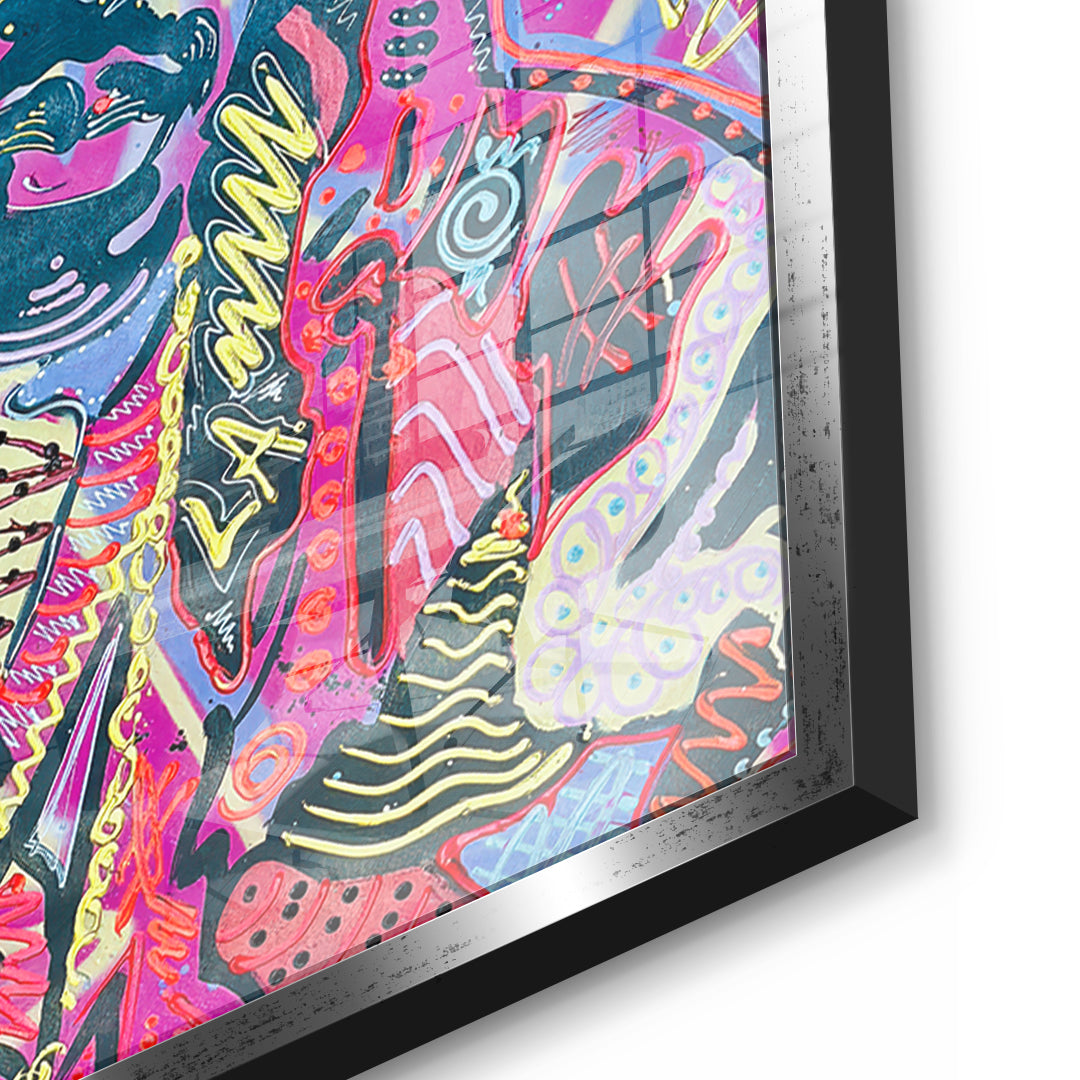 Detailaufnahme des 5mm Acrylglases, Neon Gentleman im silbernen Rahmen