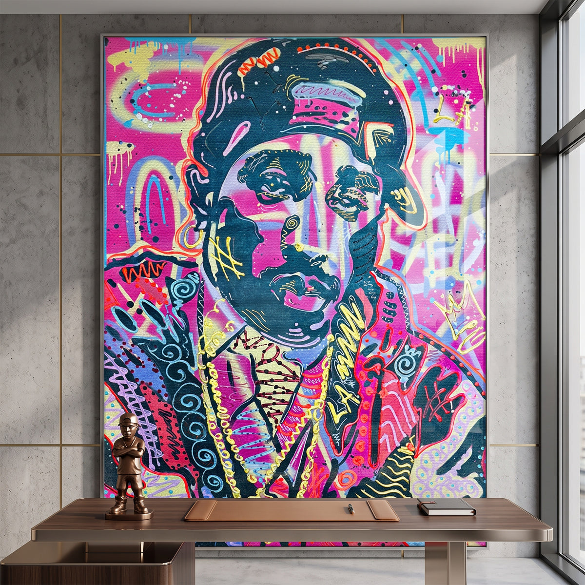 Acrylglasbild Neon Gentleman an der Wand eines modernen Wohnraums