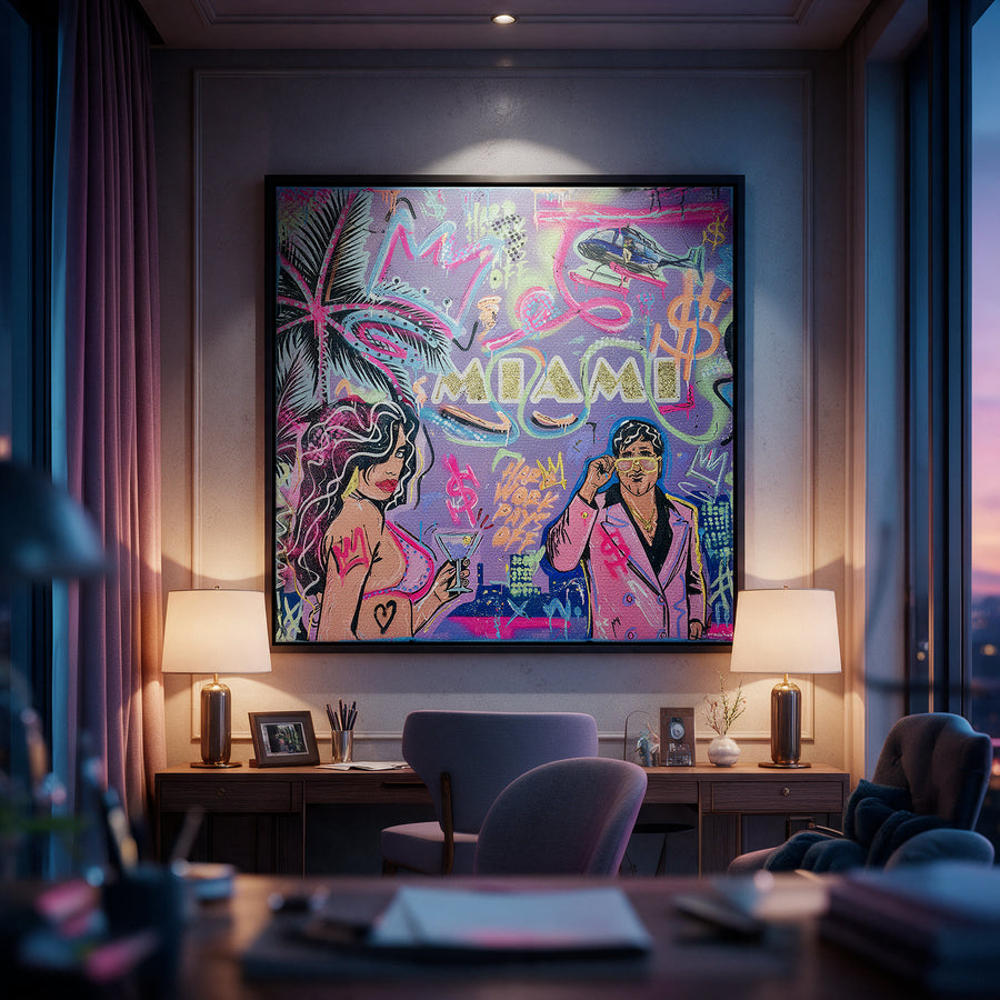 Leinwandbild Miami Money an der Wand eines modernen Wohnraums
