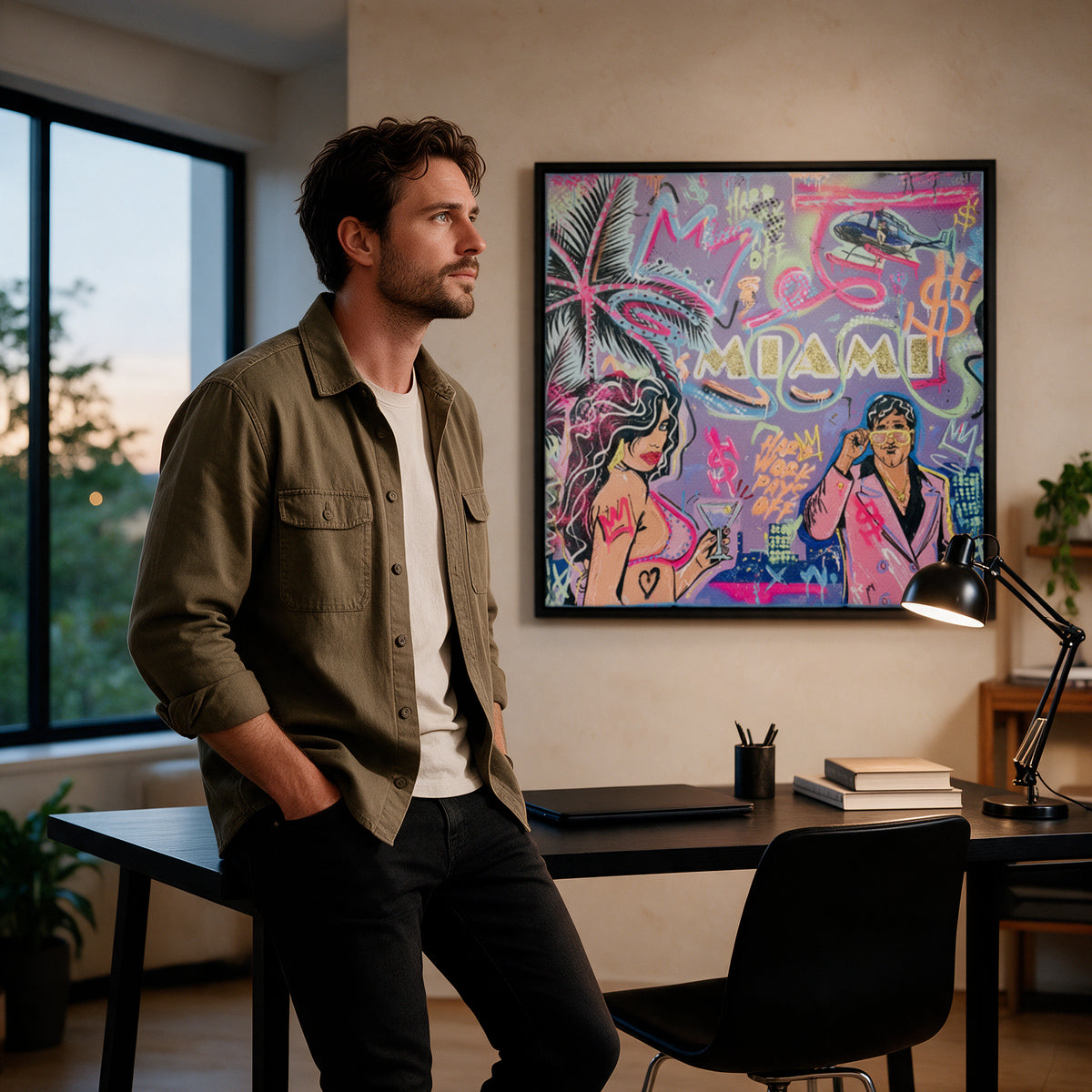 Leinwandbild Miami Money an der Wand eines modernen Wohnraums, zweite Ansicht
