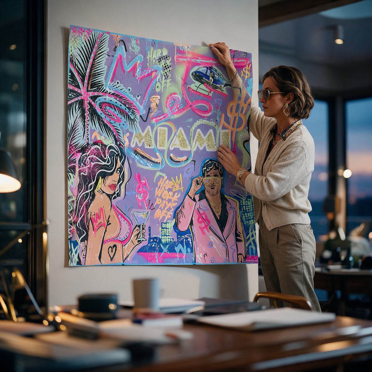 Poster Miami Money an der Wand eines modernen Wohnraums, zweite Ansicht
