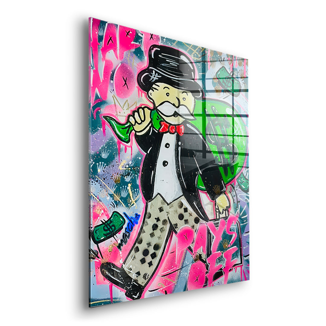 Seitenansicht des Acrylglasbilds Money Bags ohne Rahmen