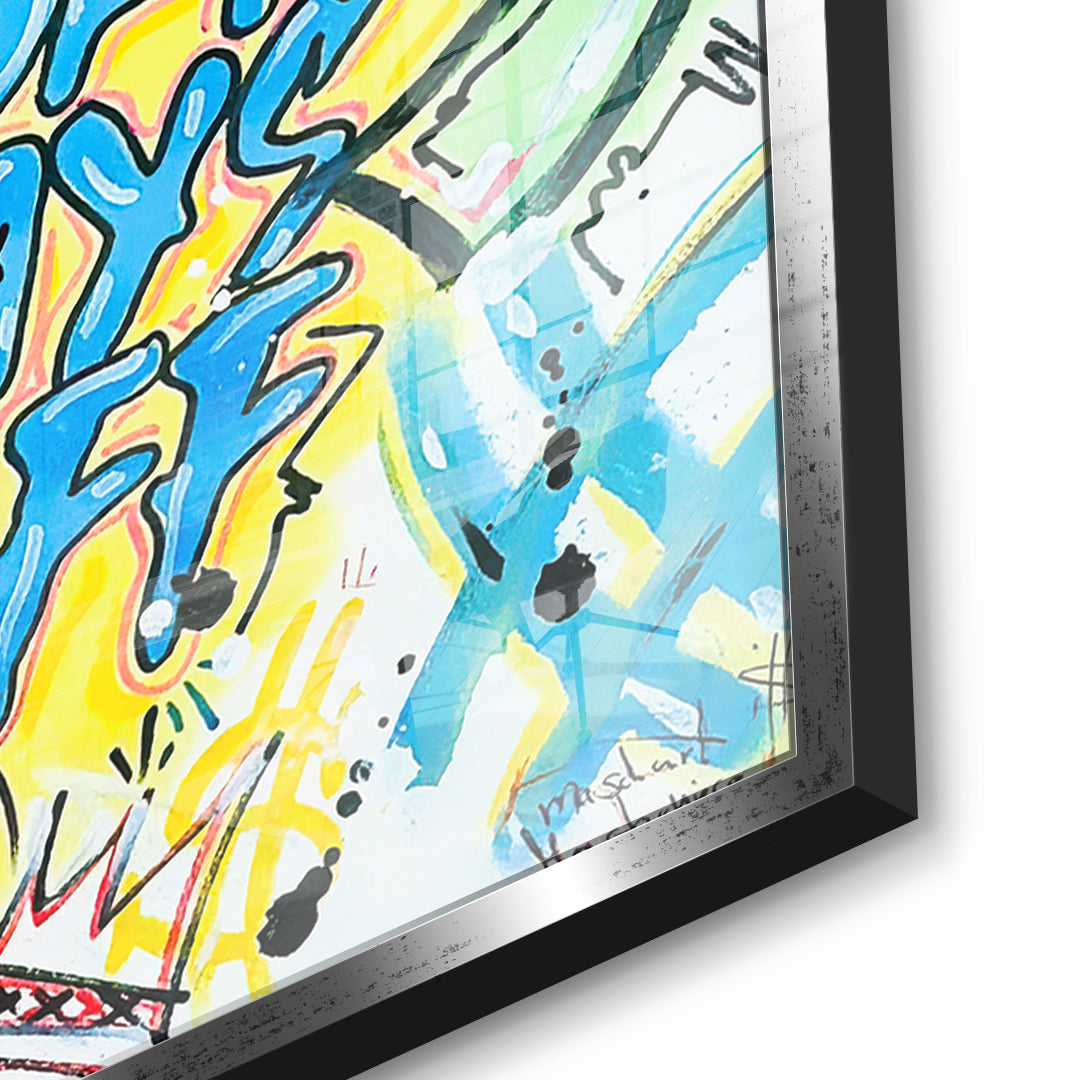 Detailaufnahme des 5mm Acrylglases, Hard Work Pays Off Graffiti im silbernen Rahmen