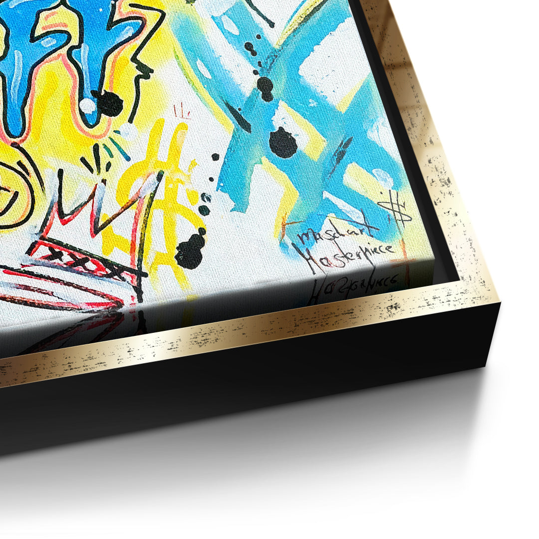 Detailaufnahme der Leinwandstruktur, Hard Work Pays Off Graffiti im goldenen Rahmen