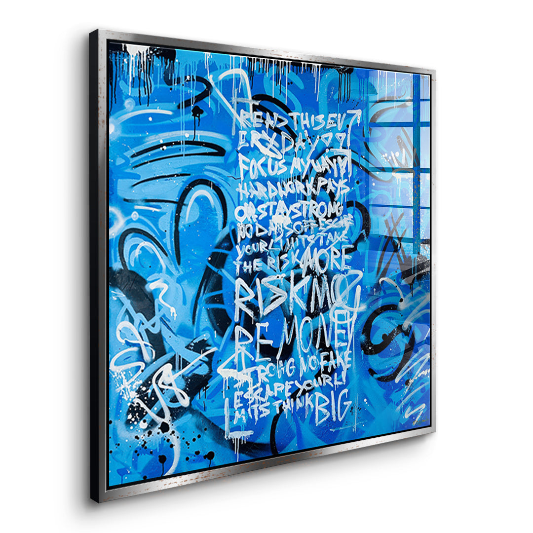 Seitenansicht des Acrylglasbilds More Risk More Money