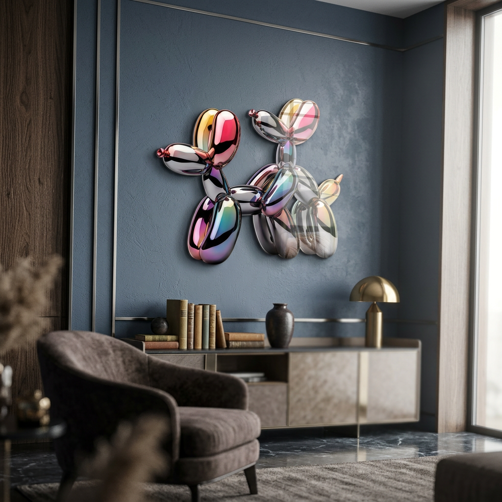 Wandskulptur Bubble Dog Rainbow an der Wand eines modernen Wohnraums