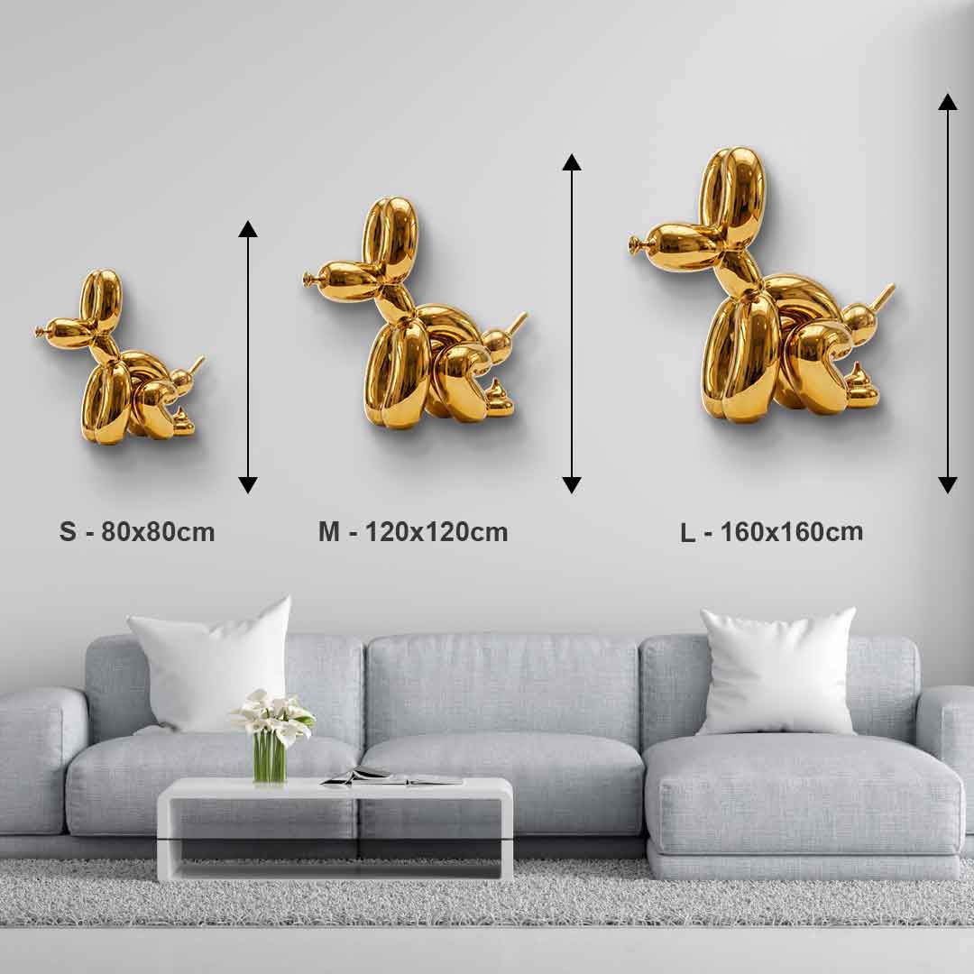 Größenvergleich der Wandskulptur Bubble Dog Gold: S, M und L