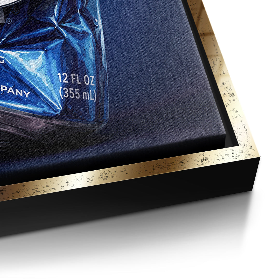Detailaufnahme der Leinwandstruktur, Crushed Blue im goldenen Rahmen