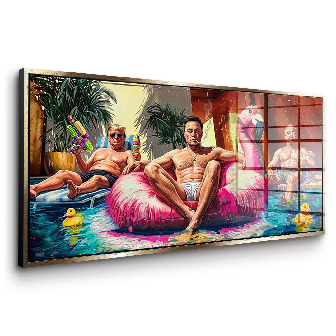 Seitenansicht des Acrylglasbilds Pool Friends im goldenen Rahmen