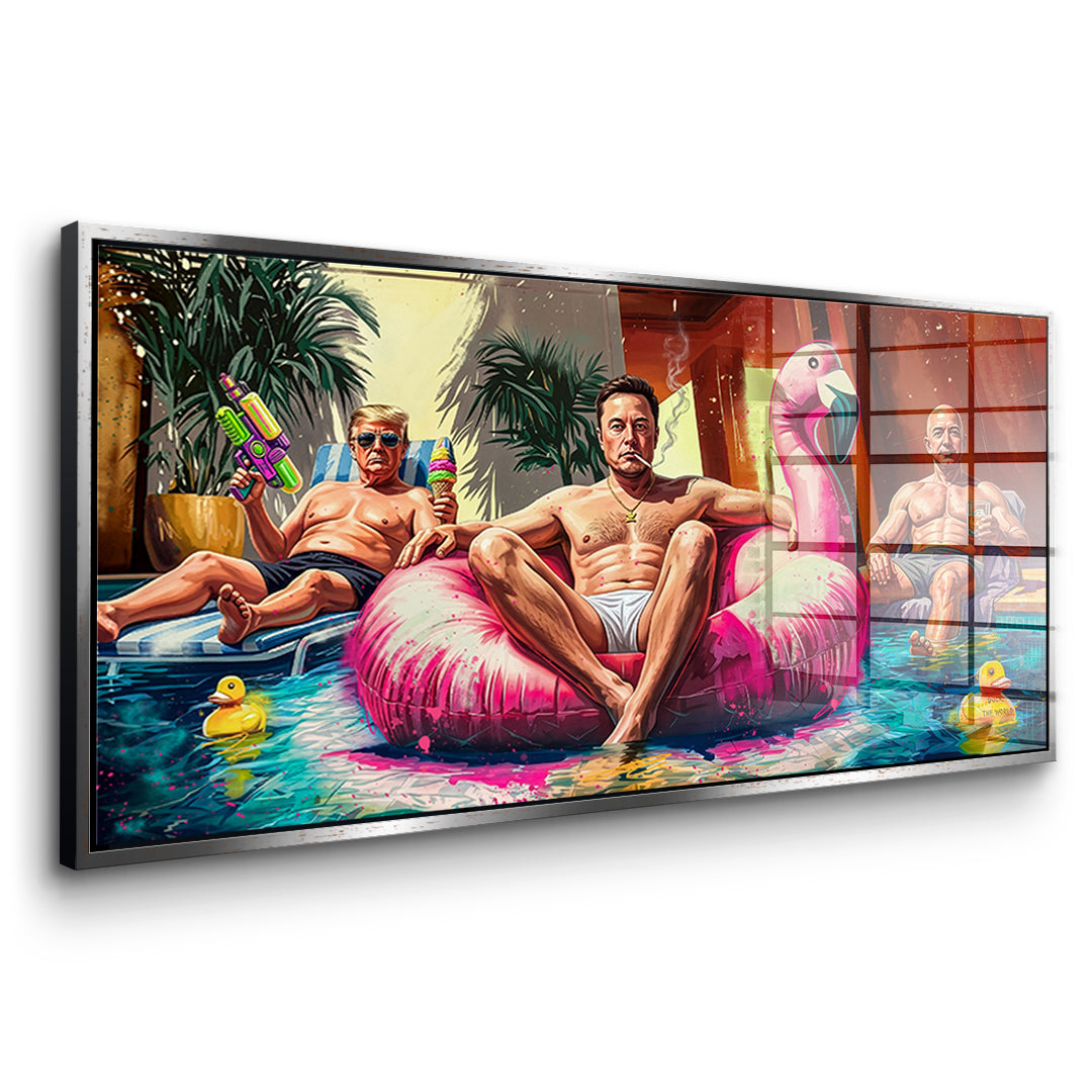 Seitenansicht des Acrylglasbilds Pool Friends im silbernen Rahmen