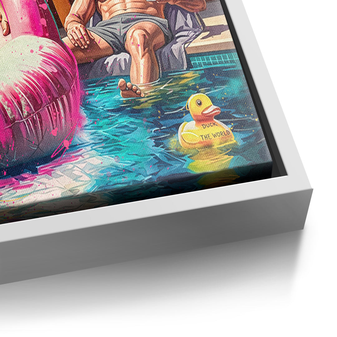 Detailaufnahme der Leinwandstruktur, Pool Friends im weißen Rahmen
