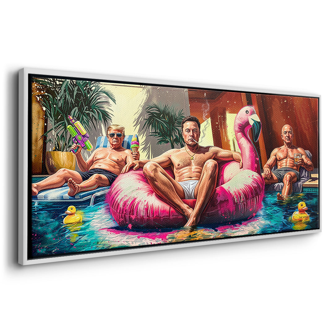 Seitenansicht des Leinwandbilds Pool Friends im weißen Rahmen