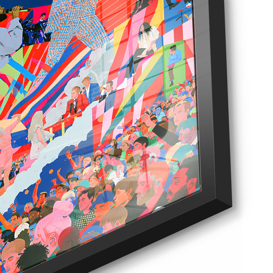 Detailaufnahme des 5mm Acrylglases, Pop Stage Collage im schwarzen Rahmen